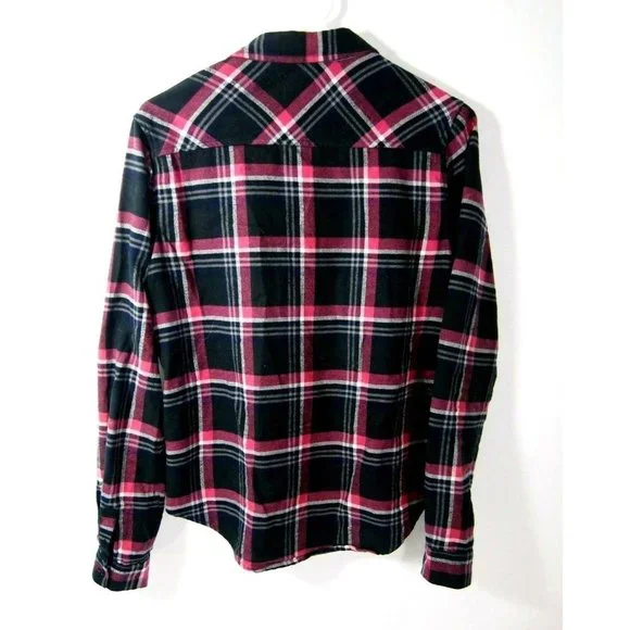 Paige Womens Top Shirt S Flannel Plaid Navy Blue Pink Long Sleeve Button Collar - Picture 3 of 5